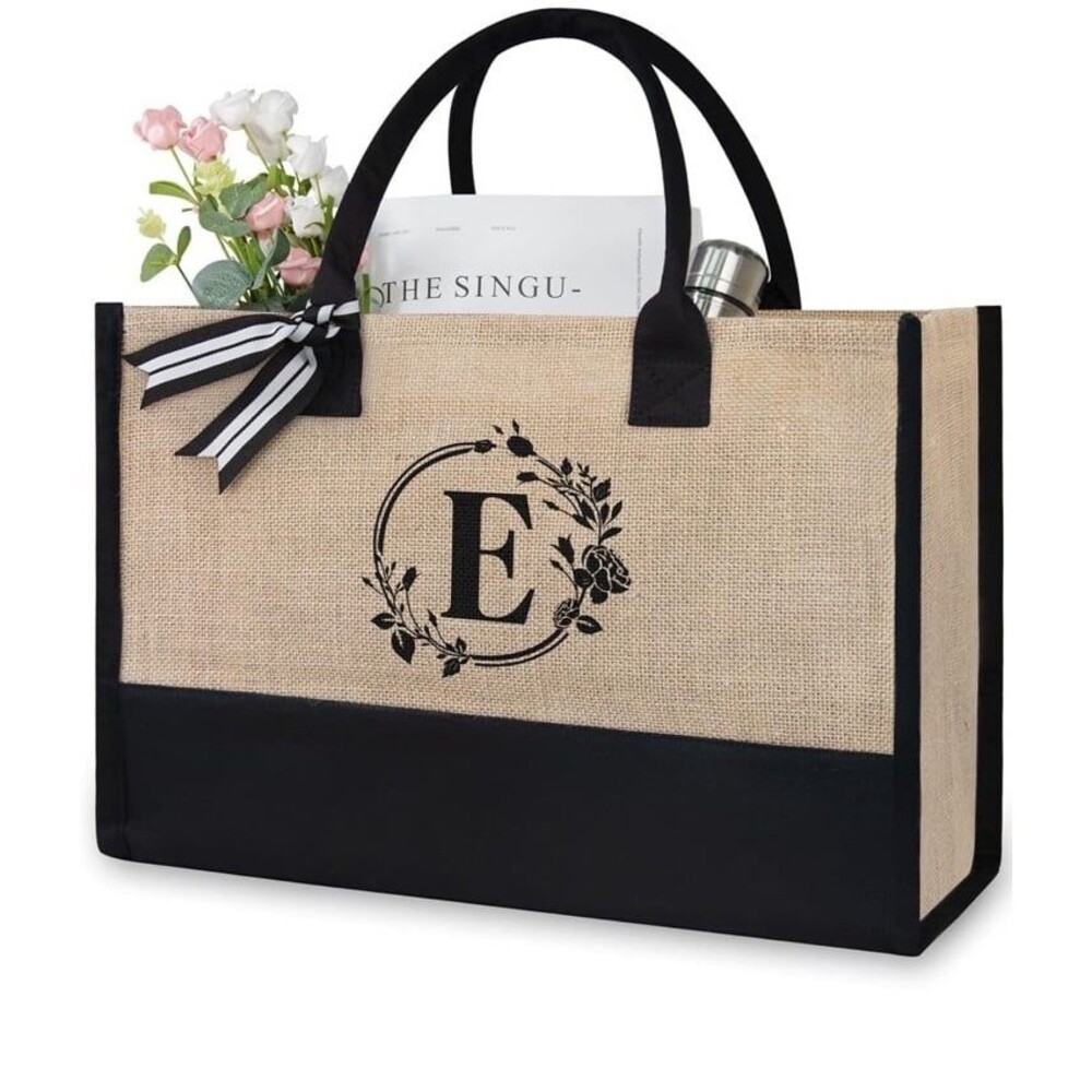 NWT  2Piece Personalized Initial E Jute/Canvas Beach Bag, Monogram Gift Tote Bag